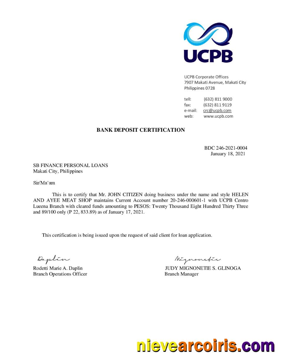 Philippines UCPB bank deposit certification letter